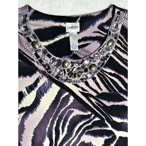Chico's Sz 2 Rhinestone Neck Line Animal Print Purple Black Blouse Shirt Top - Picture 4 of 7